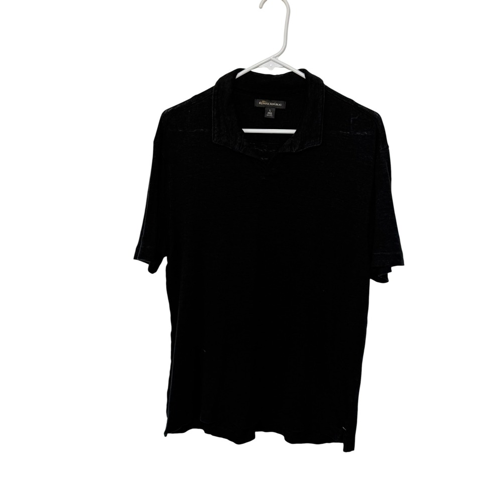 Banana Republic Mens Black Slub Linen Polo Shirt Large Short Sleeve Preppy